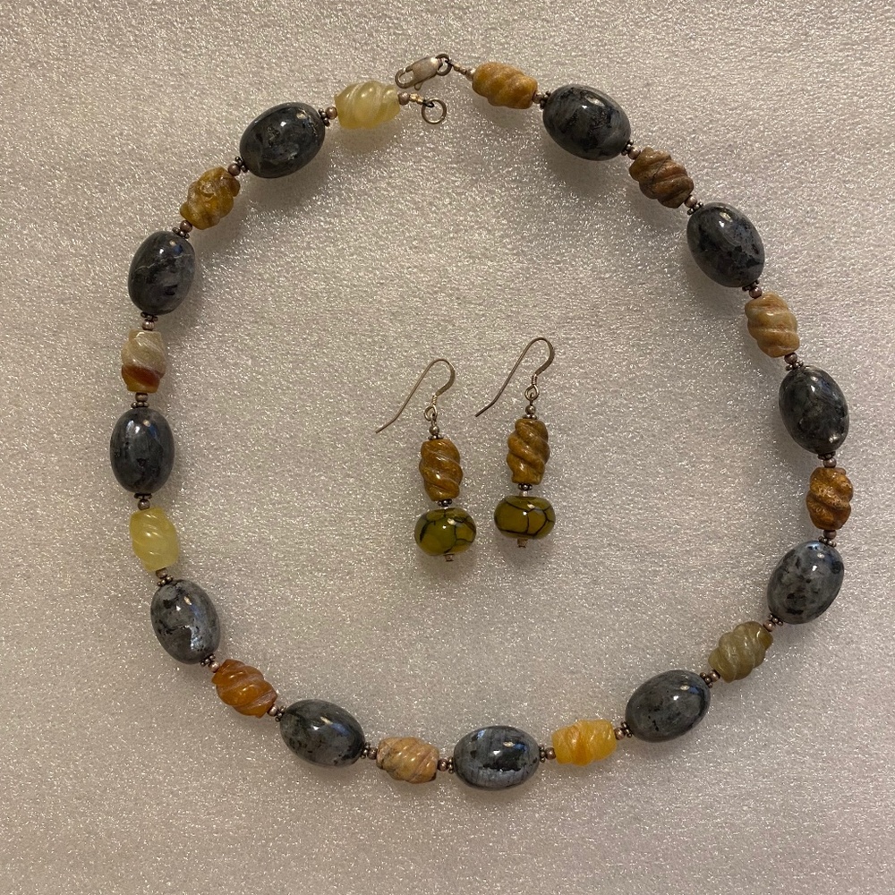 Blue Tiger Eye, Flower Larimar, Pyrite Necklace and Earrings Set